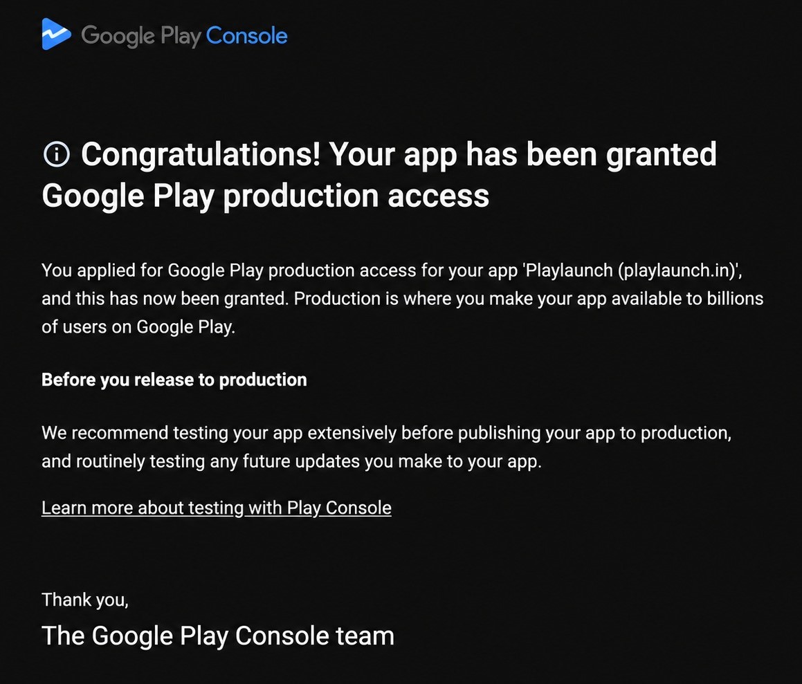Applying for production access in Google Play Console after closed testing