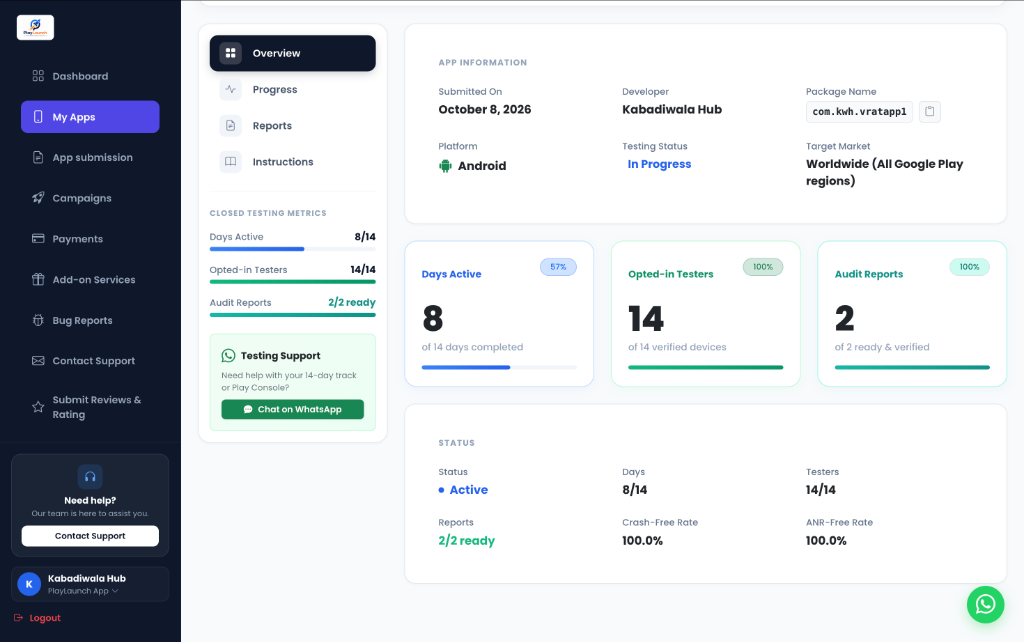 PlayLaunch 14-Day Closed Testing App Details & Real-Time Telemetry Dashboard